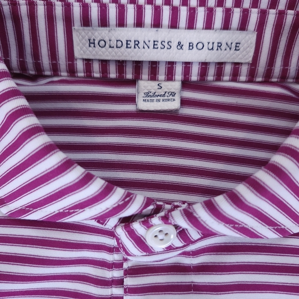 Houlderness And Bourne Mens Striped Golf Polo Size Small Pink White Tailord Fit - Picture 2 of 6